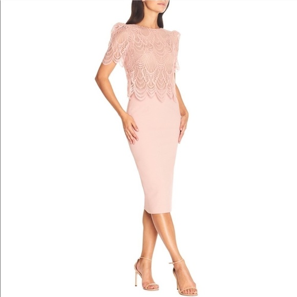 New Dress the Population Kenna Lace Pink Blush Popover Dress - Picture 1 of 7